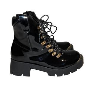 Dolls Kill Challenge Me Lace Up Glossy Vegan Leather Black Boots Size 6.5